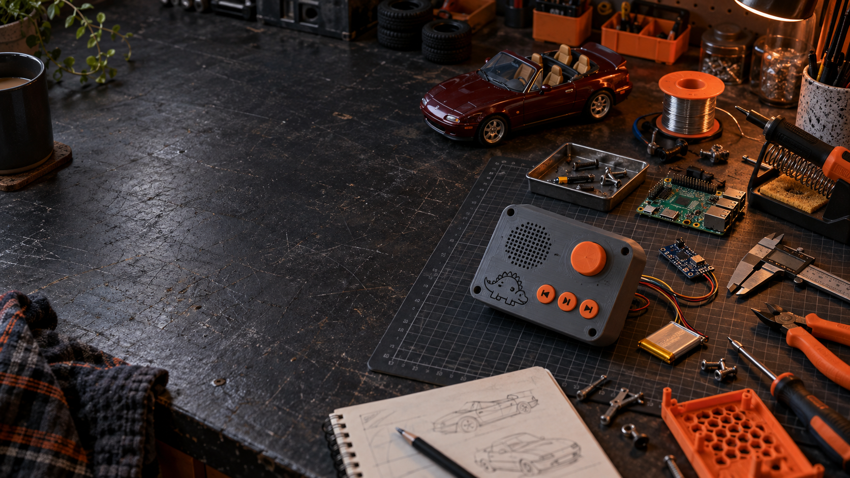 A home workshop with a handmade music player, electronics and tools
